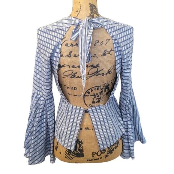 Milly size 2 silk blend bell sleeve blouse open back blue white stripes - Picture 6 of 9
